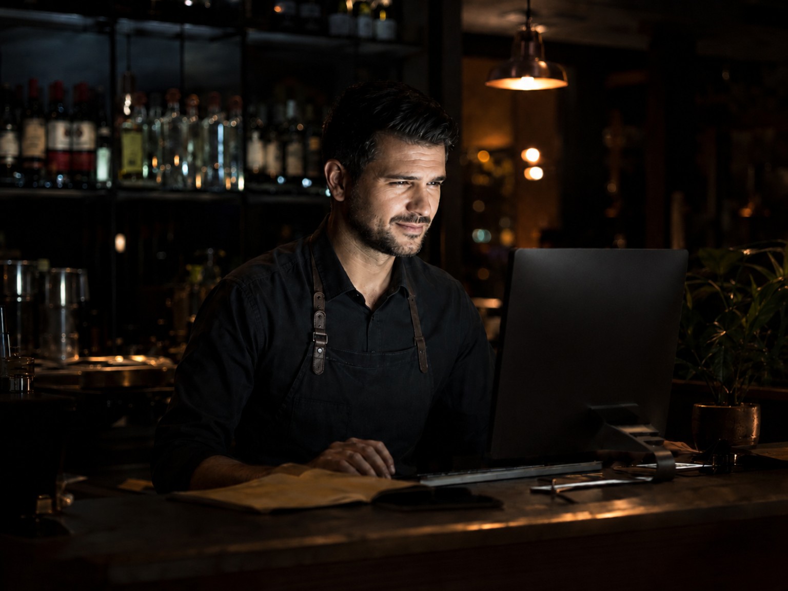 Bartender cómodo trabajando con el modo oscuro